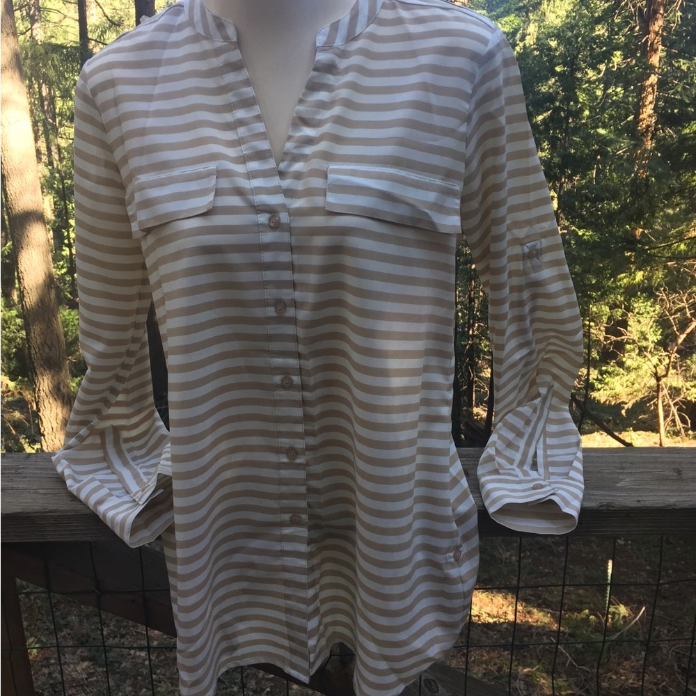 Calvin Klein tan/cream nautical stripe poly oversized button down pocket front